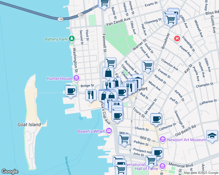 map of restaurants, bars, coffee shops, grocery stores, and more near in Newport