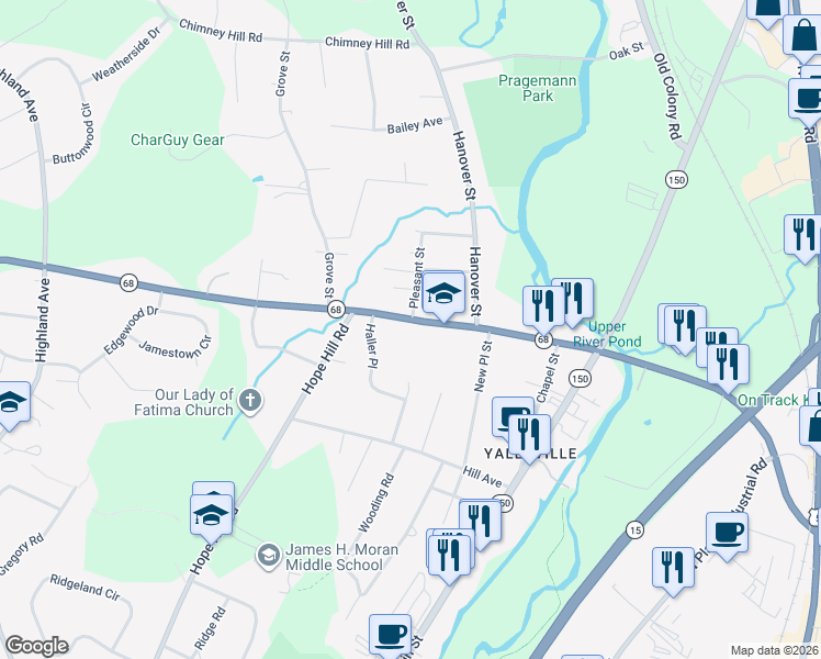 map of restaurants, bars, coffee shops, grocery stores, and more near 441 Church Street in Wallingford