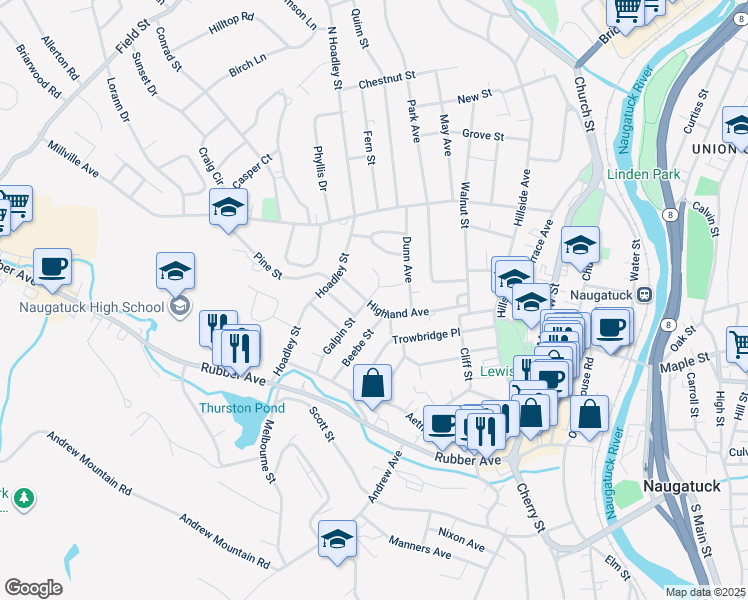map of restaurants, bars, coffee shops, grocery stores, and more near 111 Highland Avenue in Naugatuck