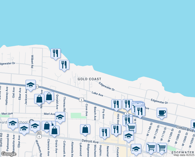 map of restaurants, bars, coffee shops, grocery stores, and more near 12039 Edgewater Drive in Lakewood
