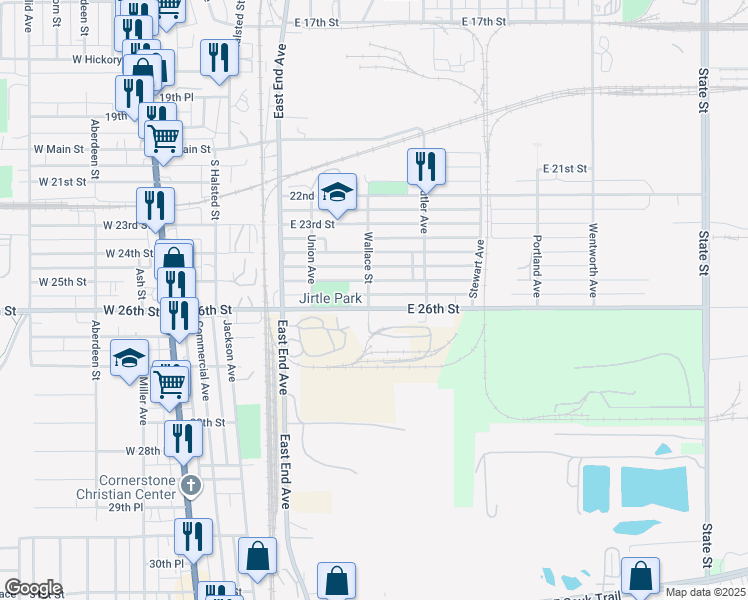 map of restaurants, bars, coffee shops, grocery stores, and more near 180 East 26th Street in Chicago Heights