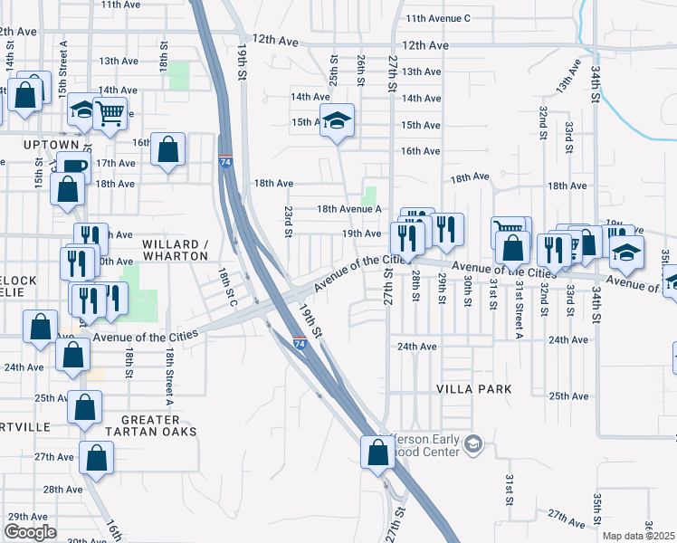 map of restaurants, bars, coffee shops, grocery stores, and more near 2412 Avenue Of The Cities in Moline