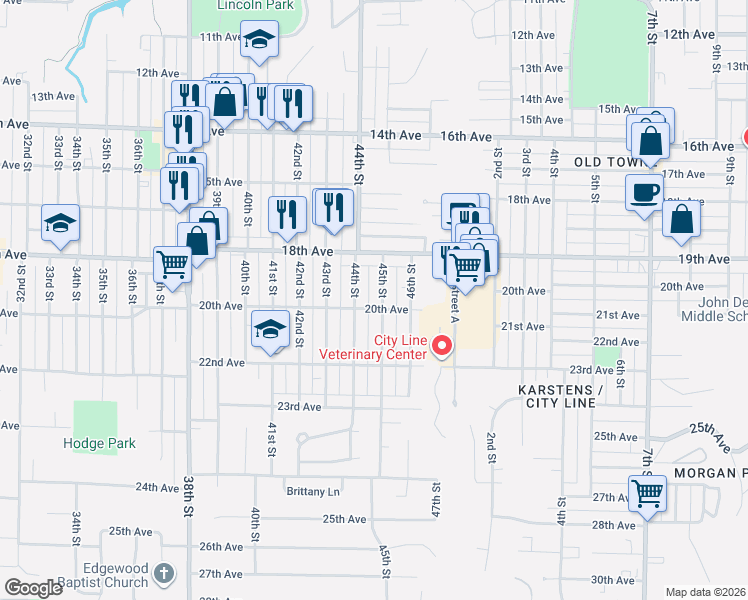 map of restaurants, bars, coffee shops, grocery stores, and more near 4400-4446 20th Ave in Rock Island