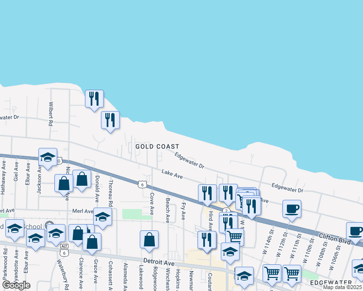 map of restaurants, bars, coffee shops, grocery stores, and more near 11900 Edgewater Drive in Lakewood