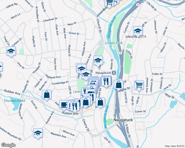 map of restaurants, bars, coffee shops, grocery stores, and more near 165 Meadow Street in Naugatuck