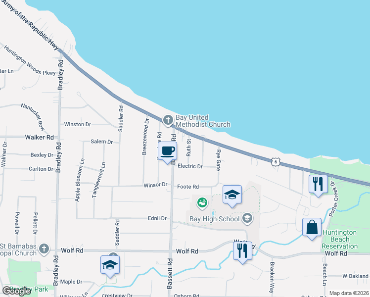 map of restaurants, bars, coffee shops, grocery stores, and more near 305 Bassett Road in Bay Village