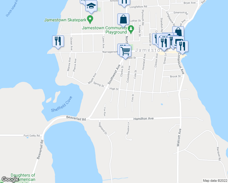 map of restaurants, bars, coffee shops, grocery stores, and more near 5 Pleasant View Avenue in Jamestown
