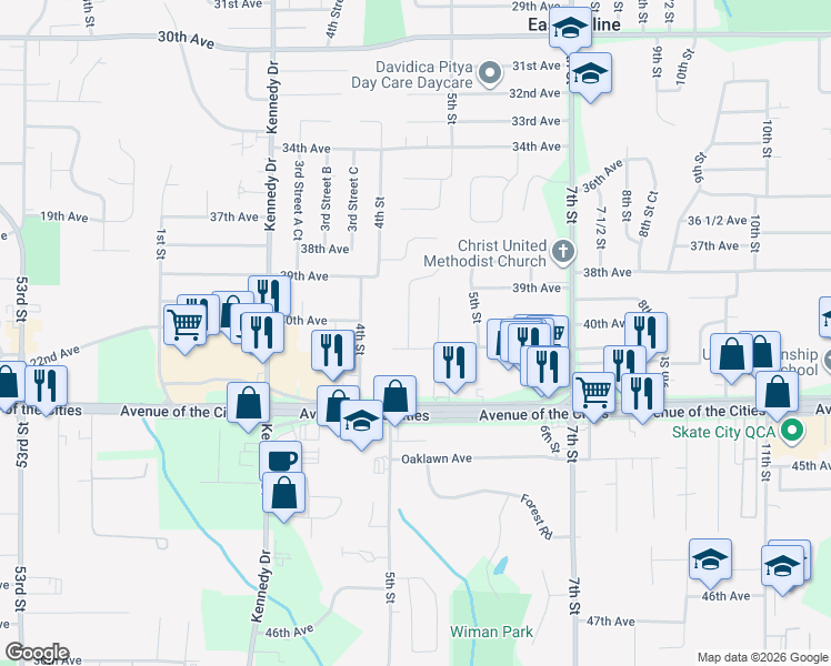 map of restaurants, bars, coffee shops, grocery stores, and more near 4086 4th Street A in East Moline