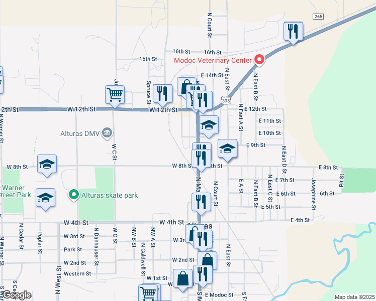 map of restaurants, bars, coffee shops, grocery stores, and more near 900 Maple Street in Alturas
