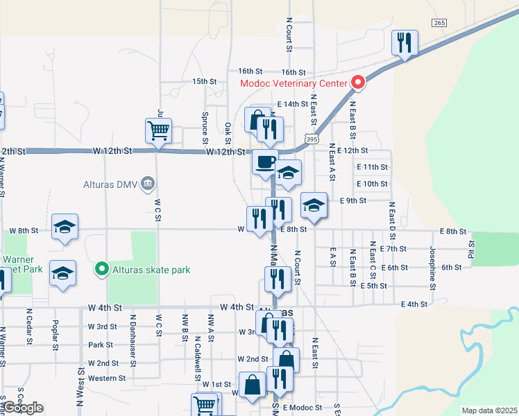 map of restaurants, bars, coffee shops, grocery stores, and more near 900 Maple Street in Alturas