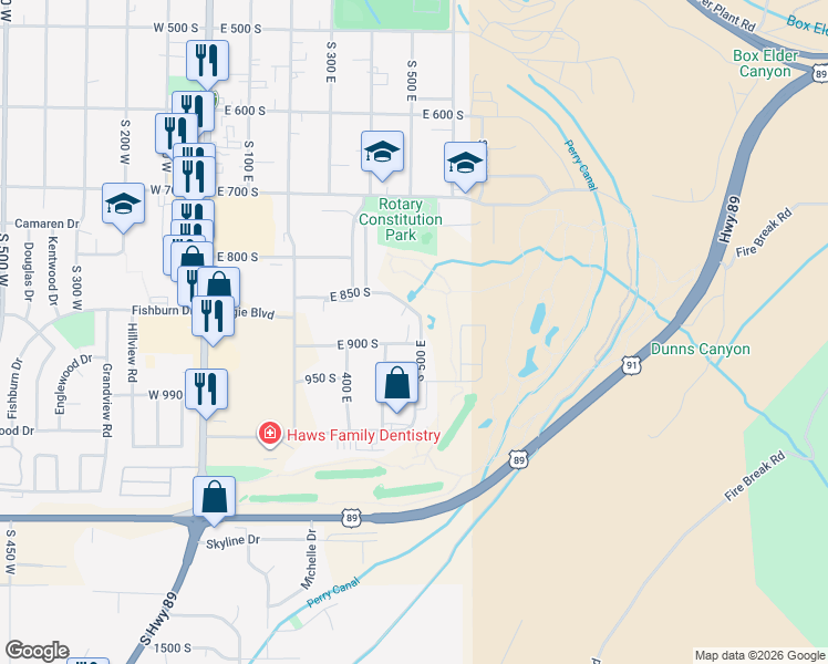map of restaurants, bars, coffee shops, grocery stores, and more near 885 South Arapaho Court in Brigham City