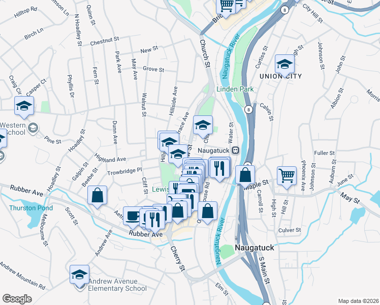 map of restaurants, bars, coffee shops, grocery stores, and more near 167 Meadow Street in Naugatuck