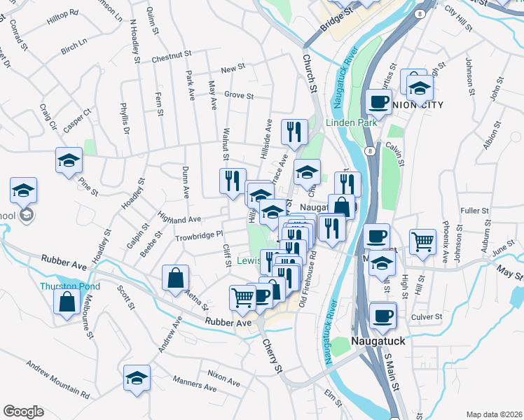 map of restaurants, bars, coffee shops, grocery stores, and more near 51 Hillside Avenue in Naugatuck