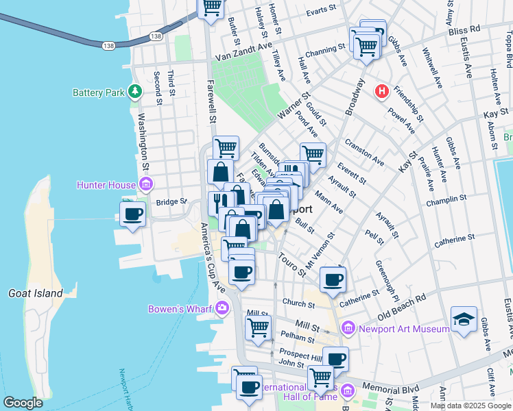 map of restaurants, bars, coffee shops, grocery stores, and more near 11 Coddington Street in Newport