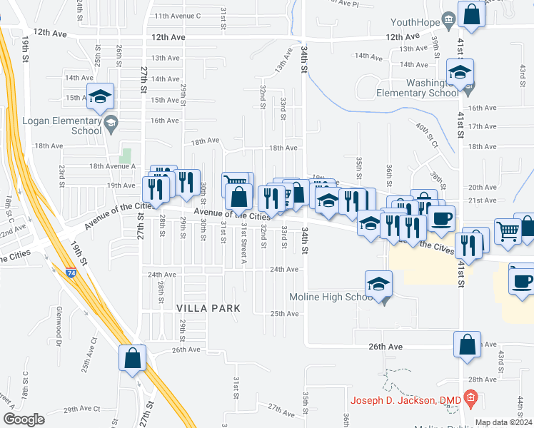 map of restaurants, bars, coffee shops, grocery stores, and more near 3203 Avenue Of The Cities in Moline