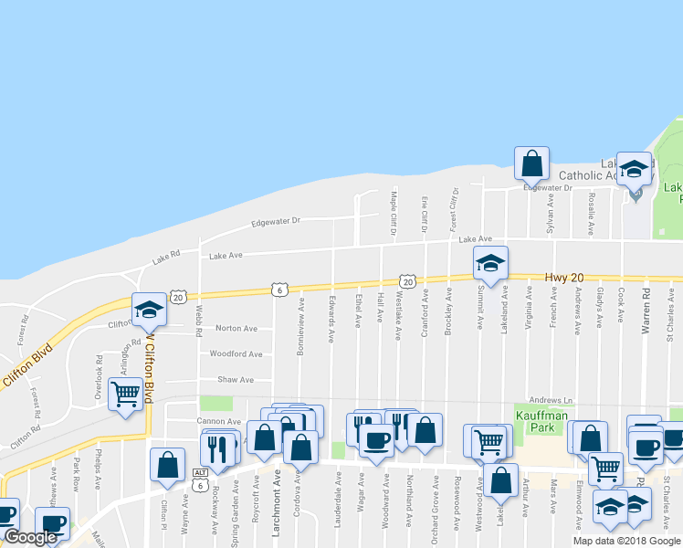 map of restaurants, bars, coffee shops, grocery stores, and more near 16716 Clifton Boulevard in Lakewood