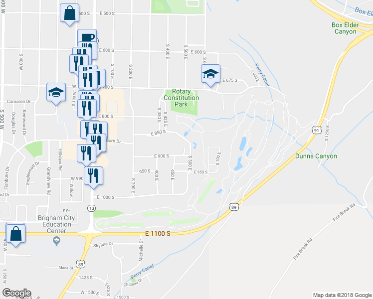 map of restaurants, bars, coffee shops, grocery stores, and more near 885 South Arapaho Court in Brigham City