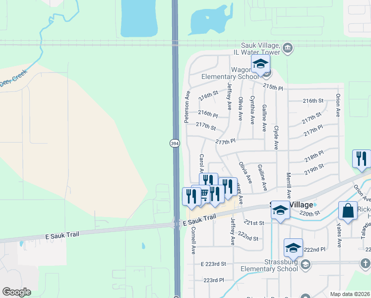 map of restaurants, bars, coffee shops, grocery stores, and more near 21767 Peterson Avenue in Sauk Village