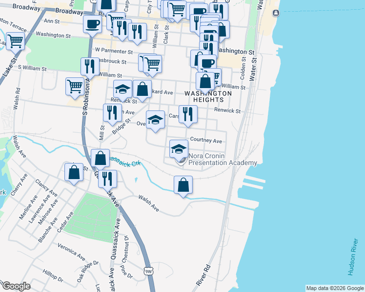 map of restaurants, bars, coffee shops, grocery stores, and more near 65 Henry Avenue in Newburgh