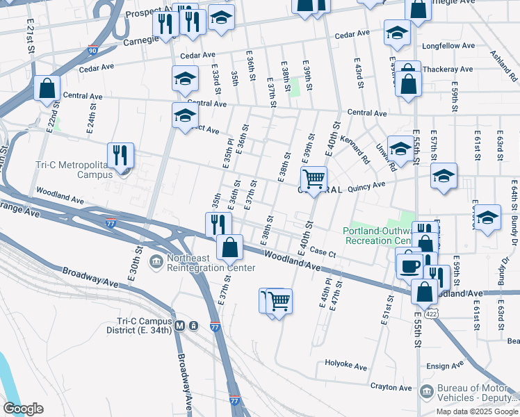 map of restaurants, bars, coffee shops, grocery stores, and more near 3800 Longwood Avenue in Cleveland