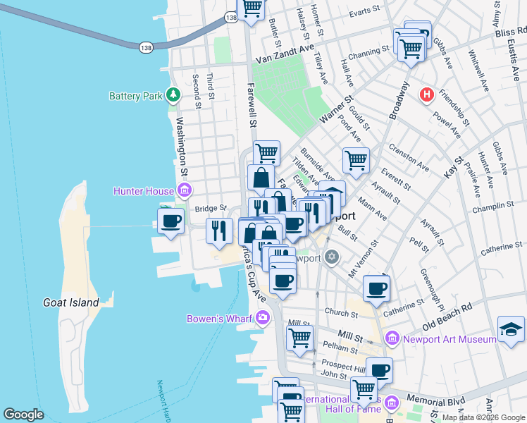 map of restaurants, bars, coffee shops, grocery stores, and more near 8 Cozzens Court in Newport