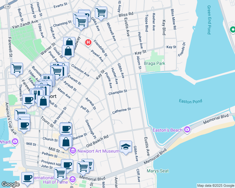 map of restaurants, bars, coffee shops, grocery stores, and more near 64 Prairie Avenue in Newport