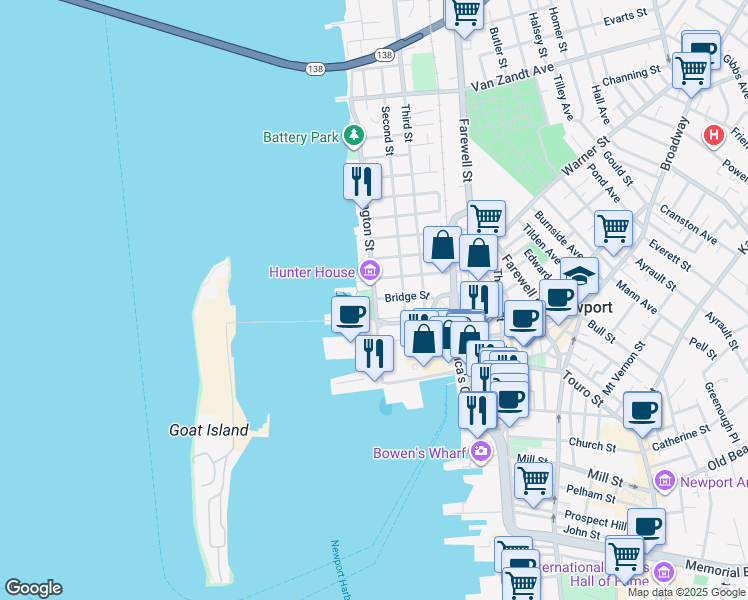map of restaurants, bars, coffee shops, grocery stores, and more near 37 Marsh Street in Newport