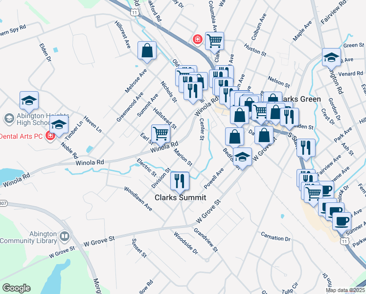 map of restaurants, bars, coffee shops, grocery stores, and more near 201 Marion Street in Clarks Summit