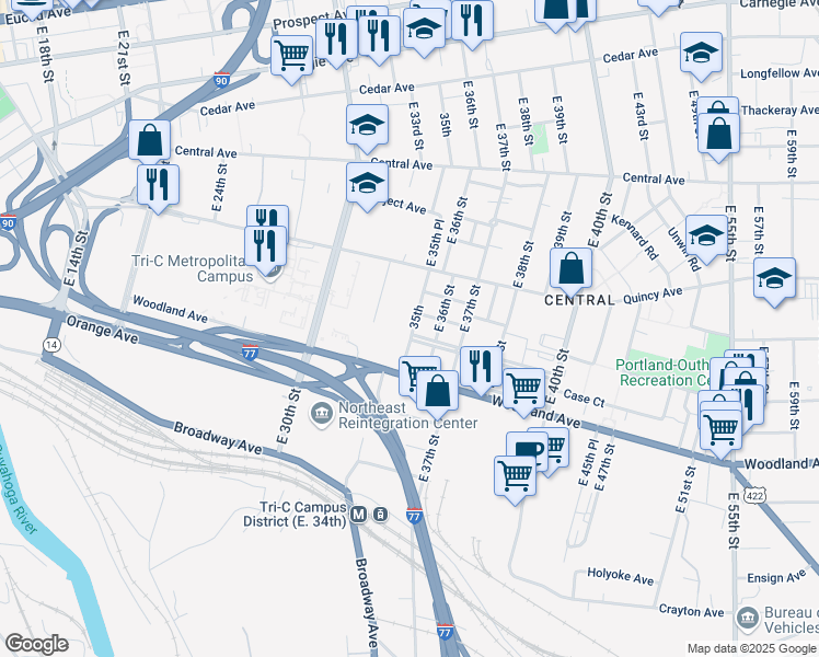 map of restaurants, bars, coffee shops, grocery stores, and more near 2567 East 35th Street in Cleveland