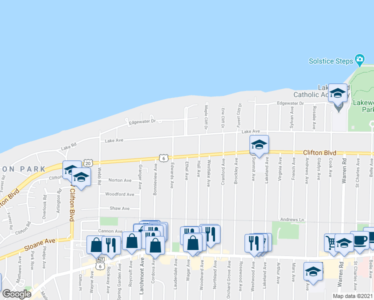 map of restaurants, bars, coffee shops, grocery stores, and more near 16701 Clifton Boulevard in Lakewood
