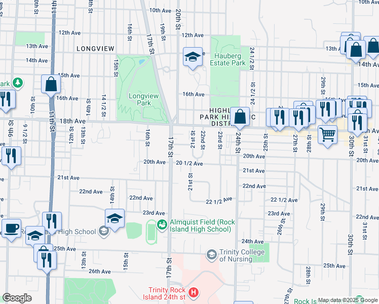 map of restaurants, bars, coffee shops, grocery stores, and more near 1916 21st Street in Rock Island