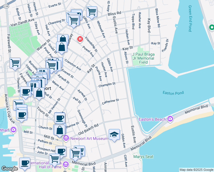 map of restaurants, bars, coffee shops, grocery stores, and more near 64 Prairie Avenue in Newport