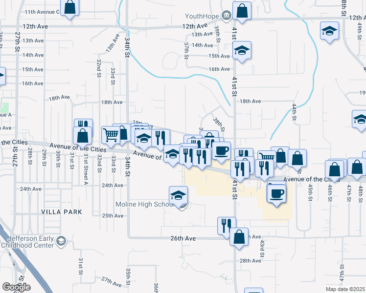 map of restaurants, bars, coffee shops, grocery stores, and more near 1927 36th Street in Moline