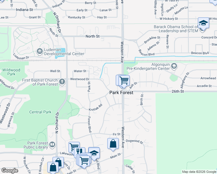 map of restaurants, bars, coffee shops, grocery stores, and more near 30 Westwood Drive in Park Forest