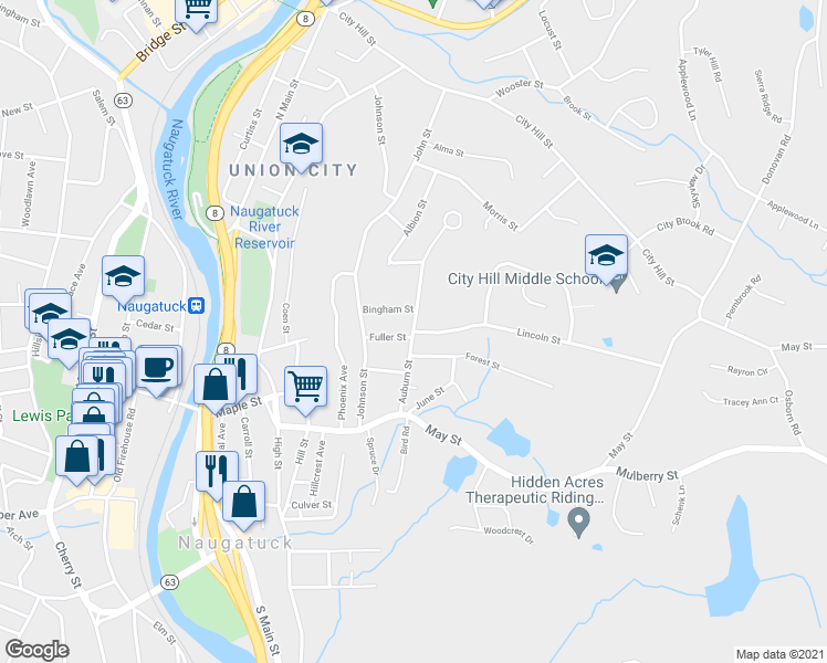 map of restaurants, bars, coffee shops, grocery stores, and more near 79 Auburn Street in Naugatuck