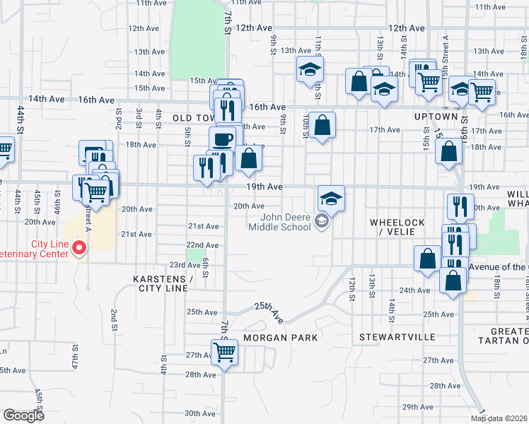 map of restaurants, bars, coffee shops, grocery stores, and more near 826 20th Avenue in Moline
