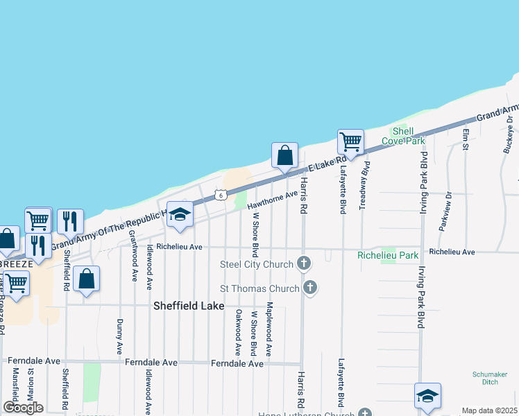 map of restaurants, bars, coffee shops, grocery stores, and more near 4606 Hawthorne Avenue in Sheffield Lake