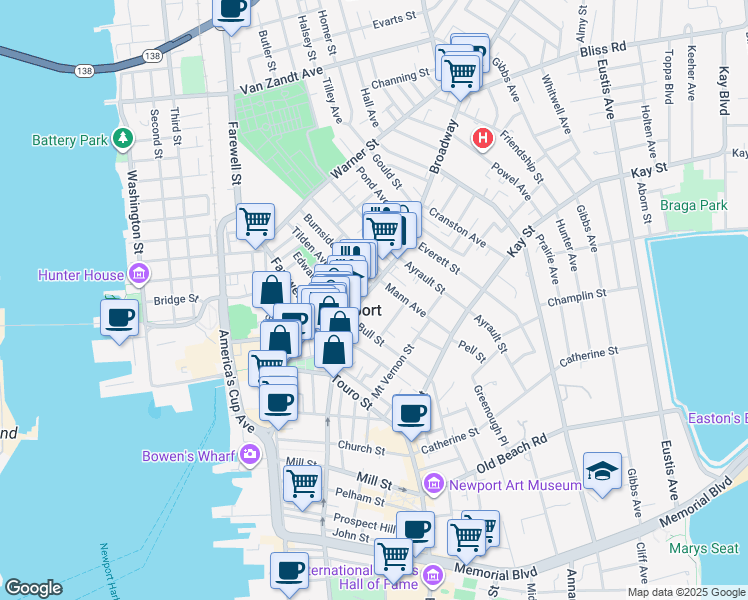 map of restaurants, bars, coffee shops, grocery stores, and more near 55 Broadway in Newport