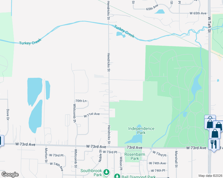 map of restaurants, bars, coffee shops, grocery stores, and more near 6915 Hendricks Street in Merrillville