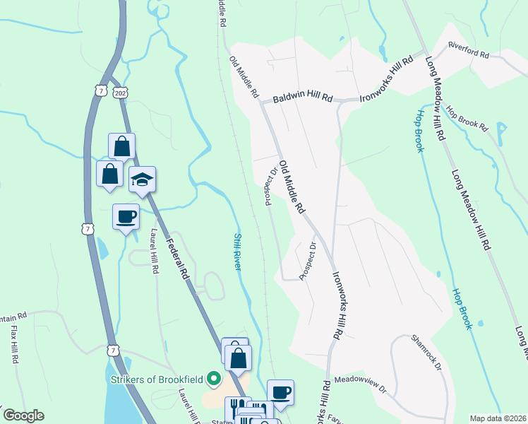 map of restaurants, bars, coffee shops, grocery stores, and more near 22 Prospect Drive in Brookfield