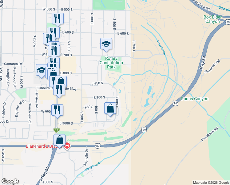 map of restaurants, bars, coffee shops, grocery stores, and more near 908 South 500 East in Brigham City