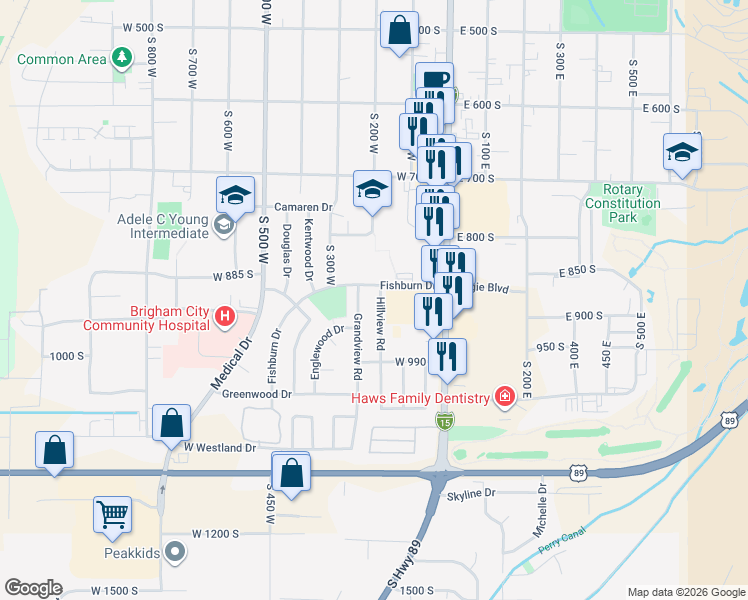 map of restaurants, bars, coffee shops, grocery stores, and more near 935 Hillview Road in Brigham City