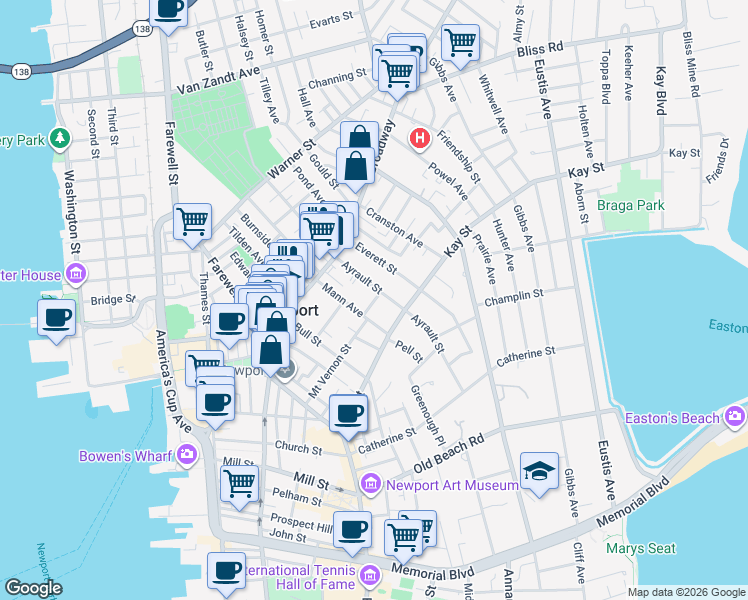 map of restaurants, bars, coffee shops, grocery stores, and more near 29 Mann Avenue in Newport
