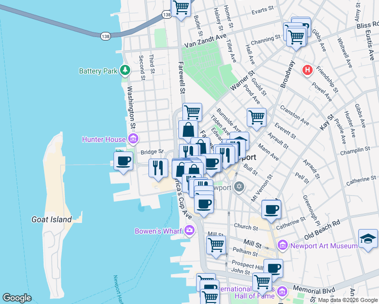 map of restaurants, bars, coffee shops, grocery stores, and more near in Newport