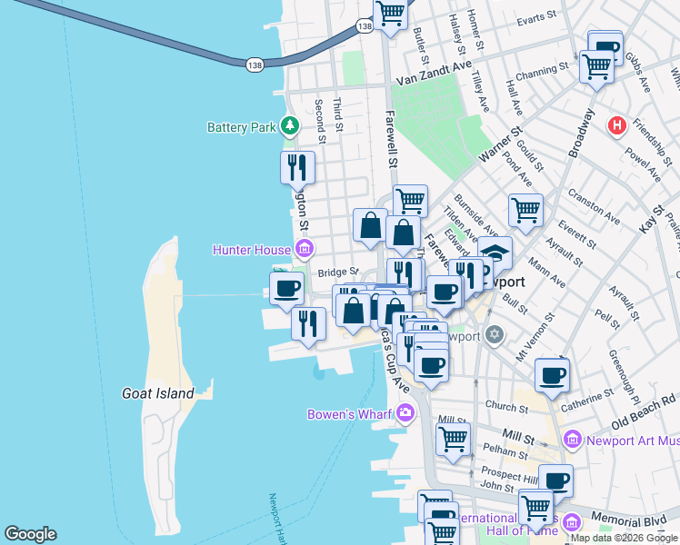 map of restaurants, bars, coffee shops, grocery stores, and more near 7 Marsh Street in Newport
