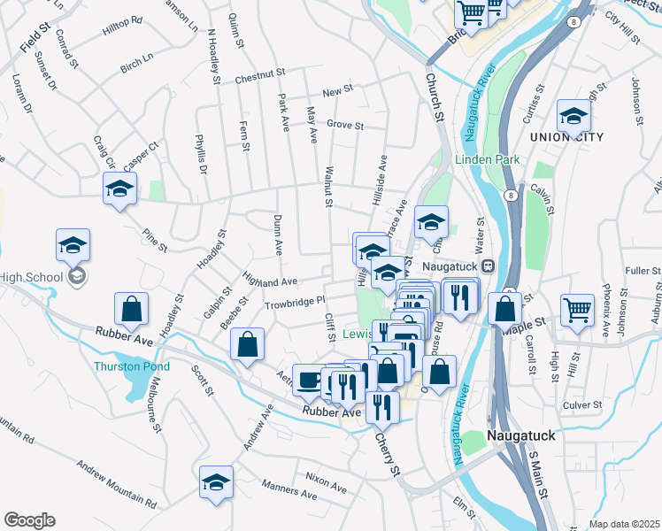 map of restaurants, bars, coffee shops, grocery stores, and more near 152 Cliff Street in Naugatuck
