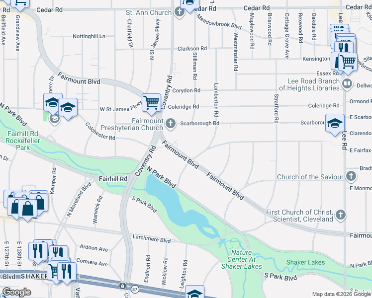 map of restaurants, bars, coffee shops, grocery stores, and more near 2812 Fairmount Boulevard in Cleveland Heights
