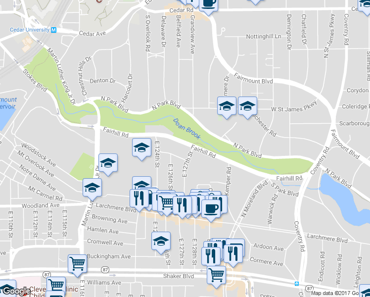 map of restaurants, bars, coffee shops, grocery stores, and more near 12631 Britton Drive in Cleveland