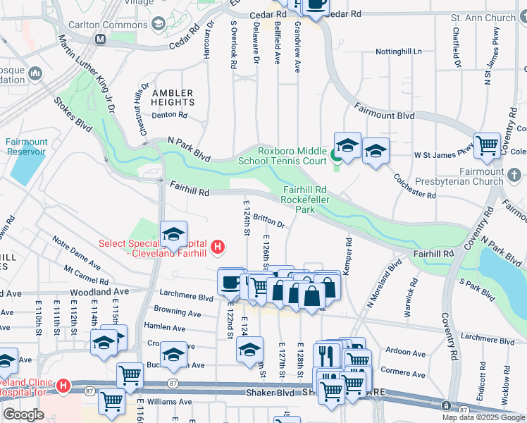 map of restaurants, bars, coffee shops, grocery stores, and more near 12510 Britton Drive in Cleveland