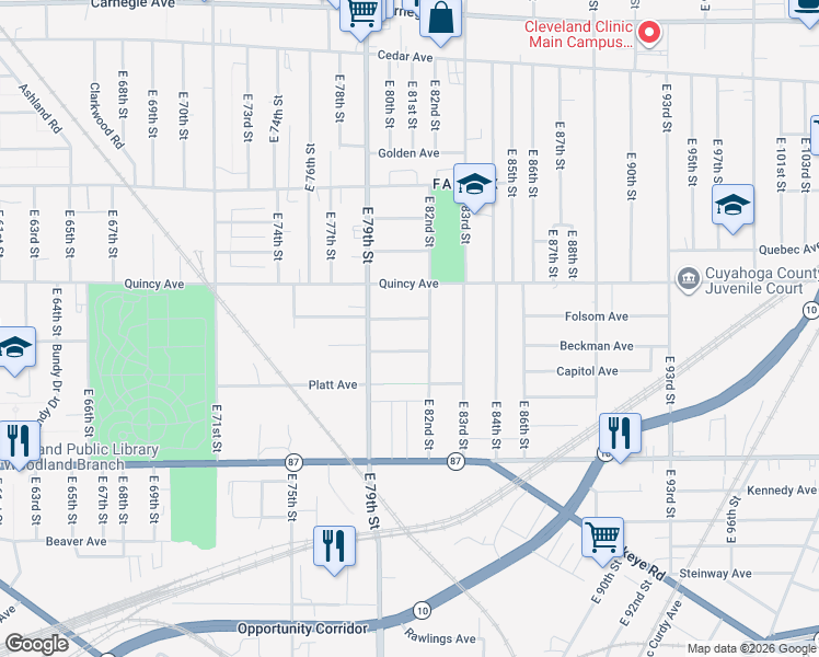 map of restaurants, bars, coffee shops, grocery stores, and more near 8115 Townsend Avenue in Cleveland